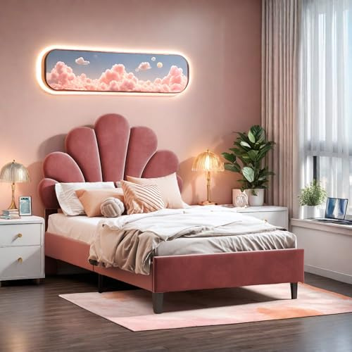 FEEOHOME Lit Enfants 90x200, lit Princesse, Cadre de lit avec tête de lit Florale et sommier à Lattes, Lit Rembourré en Velours pour Enfants, Adolescents (Bordeaux)