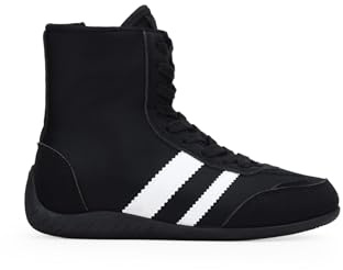 BOSANOVA Zapatillas botín Estilo Boxeo con Estampado Animal de Vaca y Suela Plana. Cordones Ajustables y Cremallera Interior para más Comodidad. Calzado para Mujer Negro 39