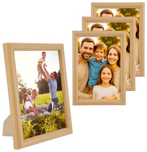 4 Piezas Marcos de Fotos de Madera Auténtica, 13x18cm MDF Marcos de Fotos de Roble, Portaretratos para Fotos, Marco de Madera con Cristal Acrílico y Panel Posterior, para Pasillos,Dormitorios,Oficinas
