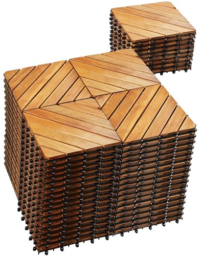 PrimeZone 81 PCS Solid Acacia Wood Interlocking Patio Deck Tiles - 12 x 12 Outdoor Waterproof Flooring Decor for Balcony, Backyard, Garden & Poolside, All Weather Use, Natural Wood, Diagonal