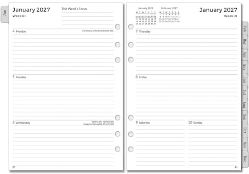 YHH 2027 Diary Refill A5 Size 6 Holes, Week on 2 Pages, Weekly Planner Inserts with Monthly Tabs, Password, Notes, Contact, January-December 2027 Annual Calendar, Compatible with Filofax A5 Organiser