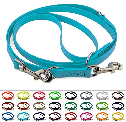 Mehrfach verstellbare BioThane Führleine, 19mm breit, 3m lang, Cyan/Türkis, genäht, Doppelleine