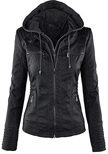 Newbestyle Veste Cuir Femme Fermeture Éclair Manteaux à Capuche Court Veste Blousons femme,black,XL