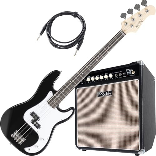 Rocktile Puncher Preci Style E-Bass Lemmy Set - 4-saitige Bassgitarre - geteilter Tonabnehmer - 22 Bünde - Combo-Verstärker mit 50 Watt - 3m langes Kabel - schwarz