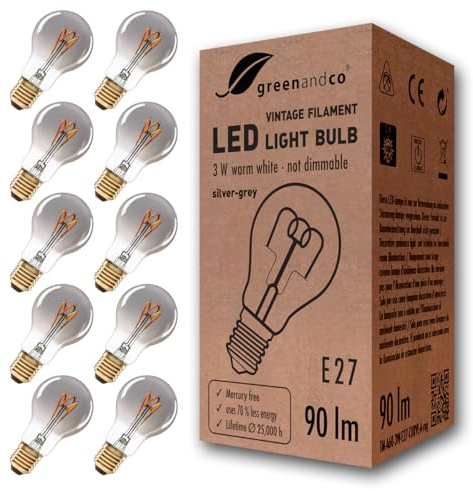 10x greenandco® LED vintage glödtråd glödlampa silvergrå ersätter 10W E27 A60 3W 90lm 1800K (extra varm vit) 360° 230V glaslampa, inte dimbar