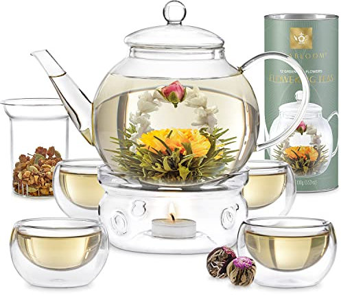Teabloom Juego de Té Completo - Tetera de Cristal para Hornillo (1,2 litros) con Infusor para Té de Hoja, 4 Tazas de Té de Cristal con Aislamiento, Calentador y 12 Tés en Flor