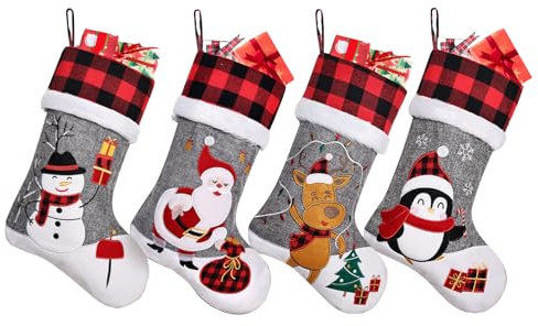 Duosheng & Elegant Weihnachtsstrümpfe Groß 50cm Nikolausstrumpf zum Befüllen für Kamin Christmas Stocking Leinen Weihnachtsstrumpf Set 4er Familie