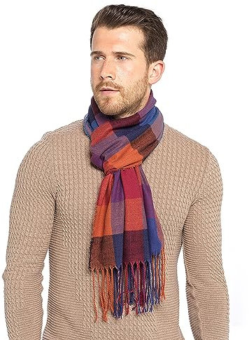 Undercover Weicher gebürsteter warmer Winterschal für Herren mit Quasten, Einheitsgröße, Blau/Lila/Orange kariert, Einheitsgröße