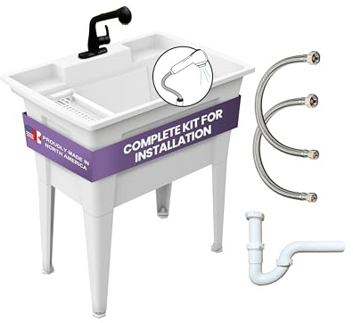 Freestanding Utility Sink with One Handle Black Faucet - 32 Plastic Utility Sink for Garage, Laundry, Indoor and Oudoor Use - Laundry Tub Kit by Noah William Home - White (25.6 gal)