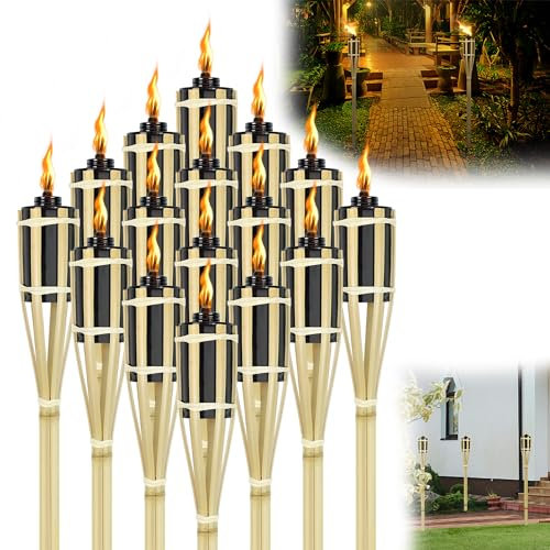 CEEDIR Lot de 24 torches de jardin en bambou pour l'extérieur - 90 cm - Avec mèche de rechange pour décoration extérieure