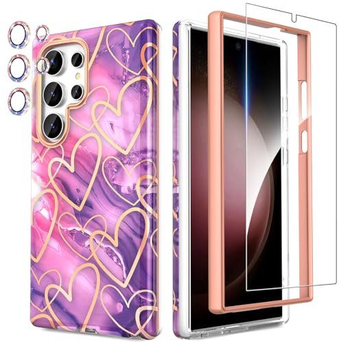 SHEDEER 4-in-1 Samsung Galaxy S24 Ultra Case with Screen Protector + Bumper & Camera Protector | Military-Grade Shockproof 360° Protection, S24 Ultra Case Glossy Fade-Resistant Pattern Design (Purple)