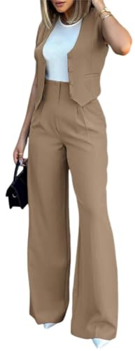 iSpchen Conjunto de Ropa de Mujer, Nuevo Chaleco de Moda, Pantalones Anchos Informales para la Oficina y el Viaje,Caqui,M