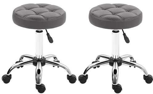 HOMCOM 2er-Set Rollhocker höhenverstellbar, Drehhocker 48-63 cm, Arbeitshocker 360° drehbar, Bürohocker für Büro, Salon, Massage, Spa, Grau