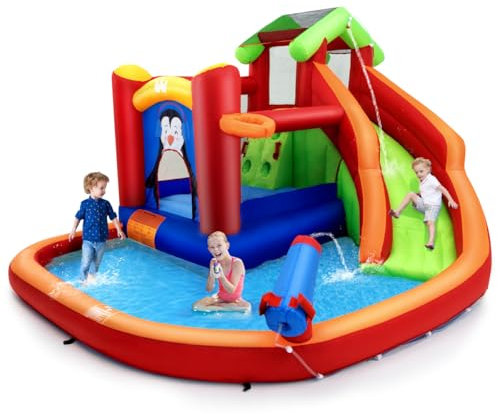 COSTWAY Castello Gonfiabile per Bambini, Con Scivolo, Trampolino, Piscina e Canestro da Basket, per 3 Bambini di 3-10 Anni, Con Borsa di Trasporto e Kit di Riparazione, 370 x 300 x 190 cm (Modello 1)