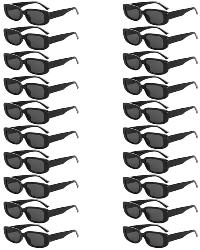 Lot de 20 lunettes de soleil rectangulaires vintage des années 90 pour homme et femme - Lunettes de soleil tendance avec protection UV - Pour fête, anniversaire et concerts - Noir