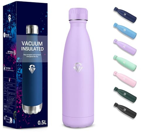 Gourde, 500 ml Sans BPA, Gourde Isotherme, Isolation Sous Vide à Double Paroi, Bouteille Isotherme, 304 Acier Inoxydable, Gourde Acier Inoxydable pour École, Voyage, Marcher, Jogging - Violet clair