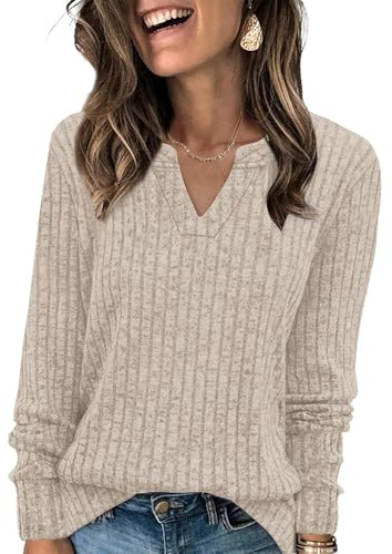Aokosor Jumpers for Women Lightweight Sweatshirts Ladies V Neck Long Sleeve Tops Women Loose Fit Size 22-24 Beige