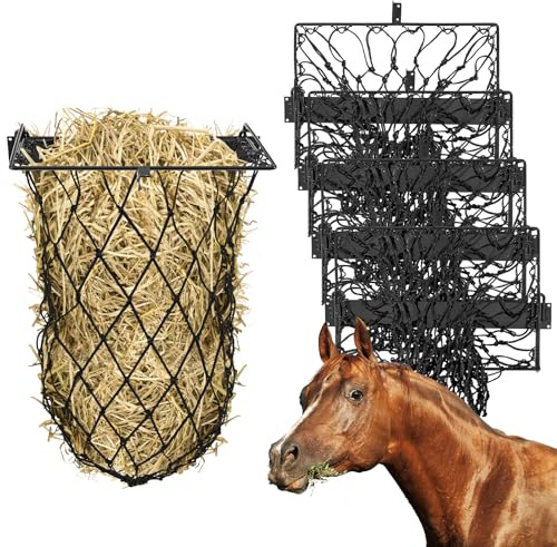 Yaocom 4 Set Wall Mount Hay Feeder with Net Collapsible Hay Rack with Net Slow Feeder for Horses Goats (Black)