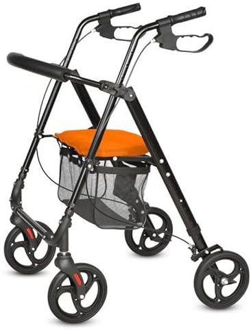 Ortopal Deambulatore Rollator Pieghevole per Anziani con Seduta e Schienale Imbottito, 4 Ruote Ø 20 cm, Altezza Regolabile, Freno Stazionamento, Borsa Portaoggetti – Supporta fino a 135 Kg
