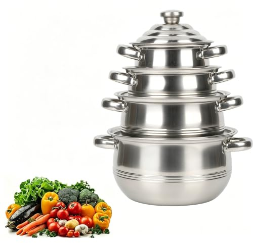 Grytset induktion rostfritt stål, köksredskap i rostfritt stål med 4 storlekar (16–18 – 20 – 22 cm) platta bottenkrukor, kastrull, soppgryta köksredskap set – 4 delar grytor set lämplig för alla typer