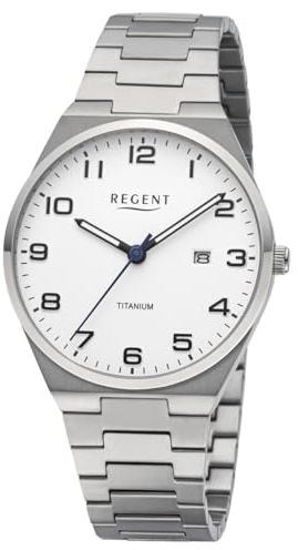 REGENT F-1614 Reloj de hombre titanio 40 mm esfera blanca fecha banda de titanio 5 ATM