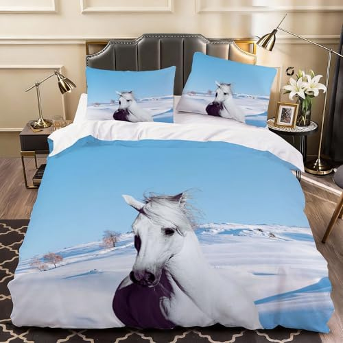 Funda Nordica Cama 90 Diseño de Caballo 3D Funda Nórdica Edredon 150x200 cm Paisaje de Montaña de Nieve con 2 x Fundas de Almohada 3 Piezas Ropa de Cama de Microfibra Suave