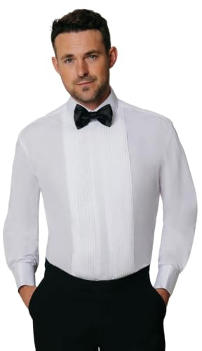 Dobell Mens White Tuxedo Dress Shirt Regular Fit Standard Collar Double Cuff Pleated Fly Front-17