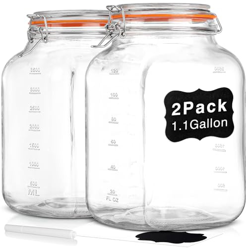 [UPGRADE] 2 Pack Square Super Wide Mouth Airtight Glass Storage Jars with Lids, 1.1 Gallon Glass Container with 2 Measurement Marks, Canning Jars with Leak-proof Lid for Kitchen (Spare Gasket)