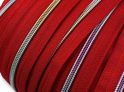 Endless Spiral Rainbow Zip 5 mm Sold by the Metre with Zip (Red, 5 m + 10 Zippers)