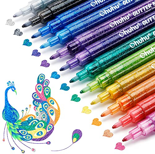 Pennarelli con glitter, Ohuhu 12 pennarelli indelebili con colori brillanti con inchiostro acrilico, a base d'acqua e punta a punta fine per creare biglietti, poster, album, scrapbooking