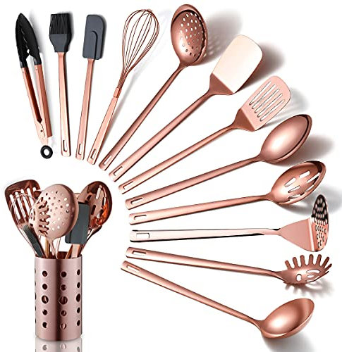 Set Küchenutensilien aus Kupfer, 13-teiliges Kochgeschirr aus Edelstahl mit Titan-Roségold-Beschichtung, Küchenutensilien-Set mit Utensilienhalter für Antihaft-Kochgeschirr (13 Packungen)