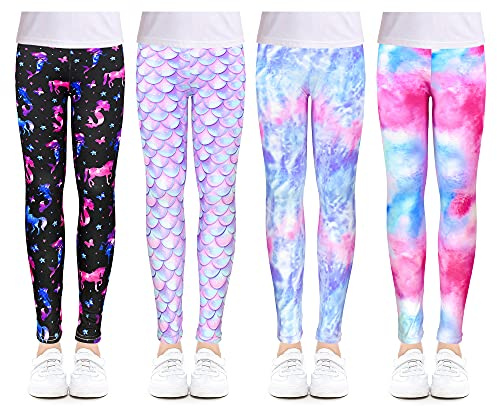 slaixiu 4 Pack Leggings for Girls Soft Comfortable Leggings for Kids in 3t to 12 Years Ankle Length Girls Printed Leggings Yoga Pants（JKLF-85）