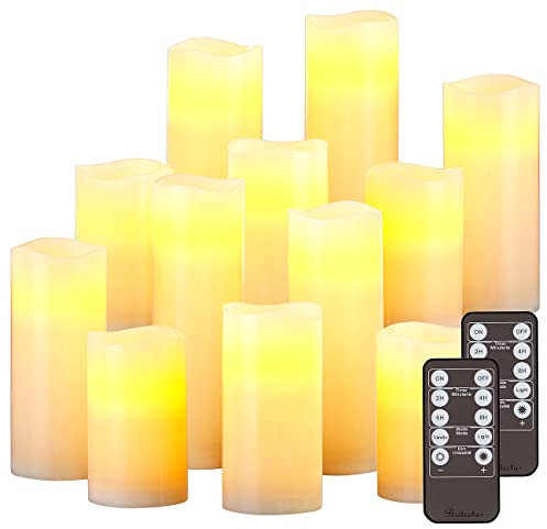 Britesta dimmbare LED-Kerzen: 12er-Set dimmbare LED-Echtwachskerzen mit Fernbedienung, in 5 Größen (Kerzen mit flackerndem Licht, Echtwachskerzen mit Flackern, Fernbedienungen)
