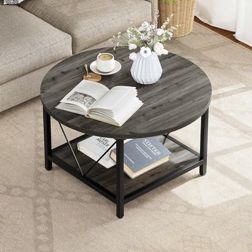 YITAHOME Round Coffee Table for Living Room,80x80x46cm Retro Central Table with Storage Shelf, Industrial Modern Coffee Table with Sturdy Metal Legs Simple Center Table for Home Office