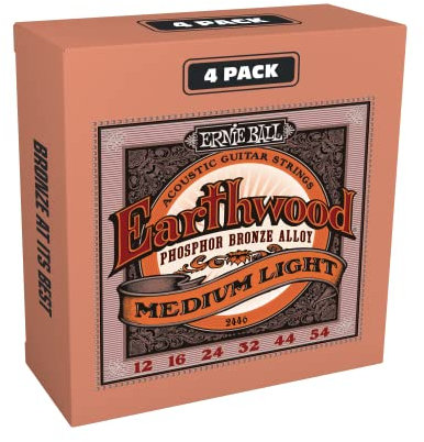 Ernie Ball Earthwood Medium Light Akustik-Gitarrensaiten, Phosphor-Bronze, 4 Pakete, Stärke 12–54