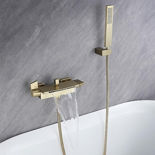Robinet de Baignoire Cascade, Mitigeur Baignoire avec Douchette, Mitigeur Bain Douche Mural, Laiton (or brosse)