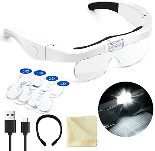 Wiederaufladbare Lupenbrille mit Licht und austauschbaren Linsen für Naharbeiten, Juwelierlupen, Kunsthandwerk, Hobby - 1,5X 2,5X 3,5X 5X (Weiß)