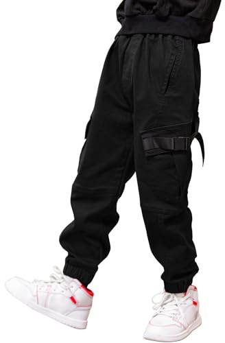 Pantalon Cargo pour Garçon,Style décontracté, Taille élastique, Enfant Jogging Uniforme Scolaire Pantalon de Sport(Noir,14-16ans)