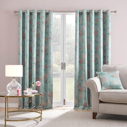 Dreams & Drapes - Duck Egg Floral Curtains W66 x L72 (168 x 183cm) - 2x Panels - Flower Eyelet Drapes for Bedroom and Living Room - Traditional Vintage With Pink Floral Pattern