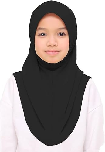 Girls Plain Islamic Hijab, Kids Instant Headscarf Readymade Pull On Scarf, No Pins Needed, Lightweight Soft & Durable, Ideal For Any Occassion School, Nursery, Sports, Prayer Hijab (Black)