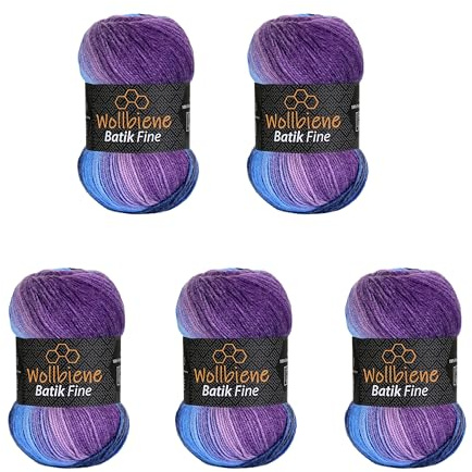 Wollbiene Batik Fine 5 ovillos de 100 g, 500 gramos, lana con degradado multicolor, multicolor (5900 lila, morado y azul)