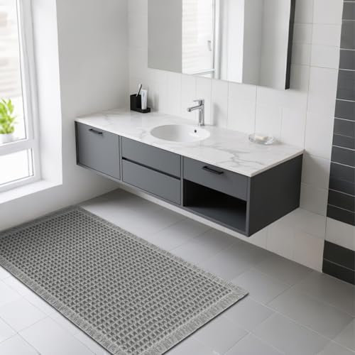 Mavicen Waffle Badematte rutschfest, Weich Flauschig Badezimmerteppich Boho, Saugfähige Mikrofaser Badvorleger, maschinenwaschbare Badteppich für Dusche, Badewanne und Toilette - 61x91cm, Grau