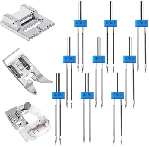 12 Uds Pie de Costura de Agujas Gemelas, Agujas Gemelas de Metal para Máquina de Coser con 3 Pies de Costura Diferentes