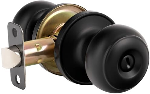 Privacy Door Knob with Lock, Keyless Doorknob with Round Ball, Interior Door Handle, Interior Door Knob for Bedroom and Bathroom, Matte Black, 1 Pack