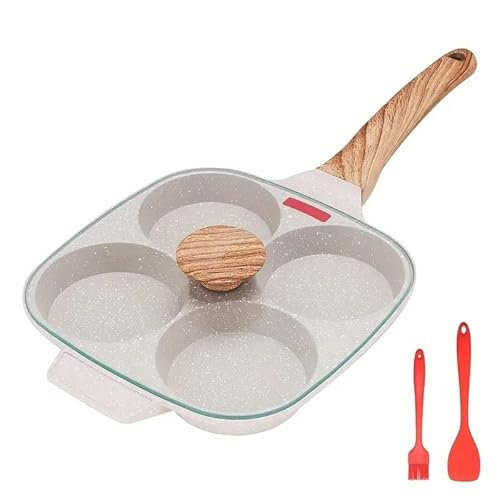 Sartén antiadherente de aluminio for 4 tazas for huevos y panqueques con tapa, apta for cocinas de inducción, mango de madera, perfecta for cocinas de gas y desayunos rápidos, color blanco, utensilios