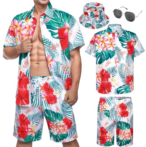 Matreeglam Hawaii, camicia a maniche corte, da uomo, floreale, per il tempo libero, con pantaloni corti, occhiali da sole, camicia hawaiana, elegante da uomo, per estate, vacanze, viaggi, spiaggia