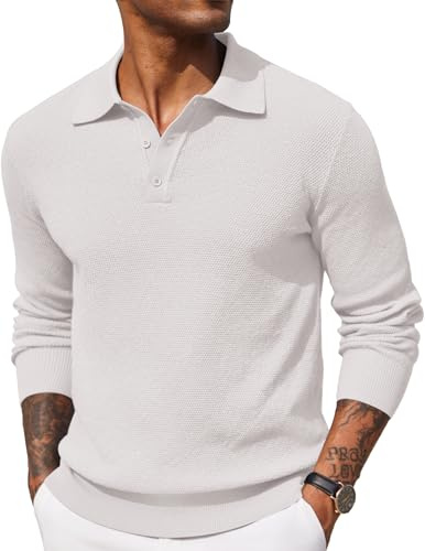 COOFANDY Mens Polo Jumper Long Sleeved Poloshirts Fine Knit Sweater Winter Sweatshirts White L