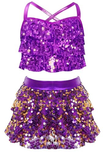 Yruioon - Vestido de baile latino para niña, brillante con lentejuelas, top corto + falda metálica de bailarina, Chacha Salsa, salón de baile, danza moderna, traje de baile, B Lila, 134-140