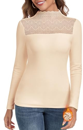 WOWENY Maglia termica da donna a maniche lunghe, top caldi in pizzo, pullover, maglia termica da donna, maglia funzionale, pullover a collo alto, canottiera invernale, albicocca, S