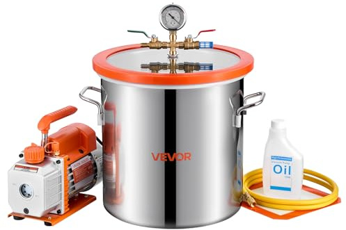 VEVOR Vakuump 3,5 CFM 99 L/min vakuumkammare rostfritt stål 18,92 l 1 steg med lock härdat glas, 200 ml oljeflaska, slang 1,5 m, för stabilisering av trä avgasning harts silikon